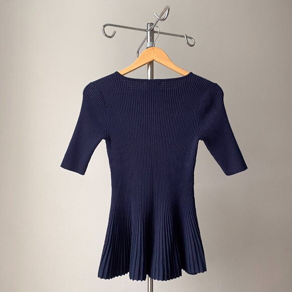 🍂 Navy Ribbed Flared A-Line Short Sleeves Open Knit Top Round Neckline - Picture 6 of 7